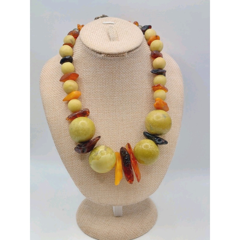 70s 80s Amber Serpentine Necklace Artisan Chunky Statement Vintage Boho Silver